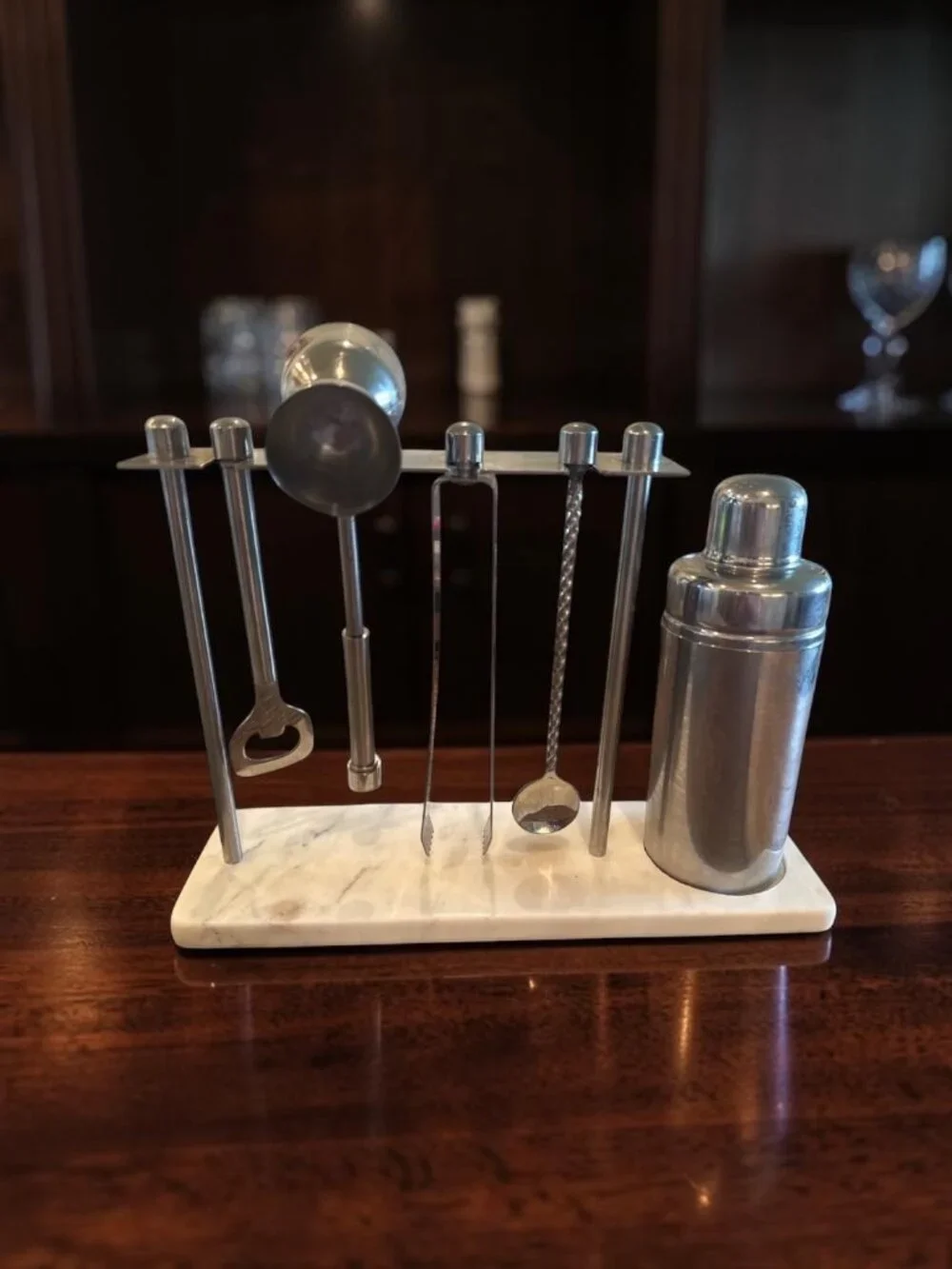 Vintage Stainless Steel Barware Set Marble Base Cocktail Shaker Bar Tools MCM